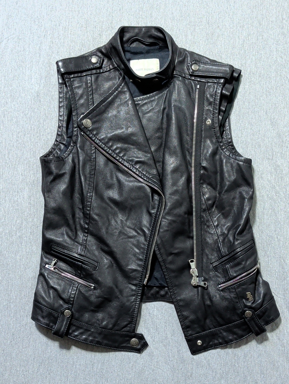 Pierre Balmain Men's Black Leather Sleeveless Moto Vest